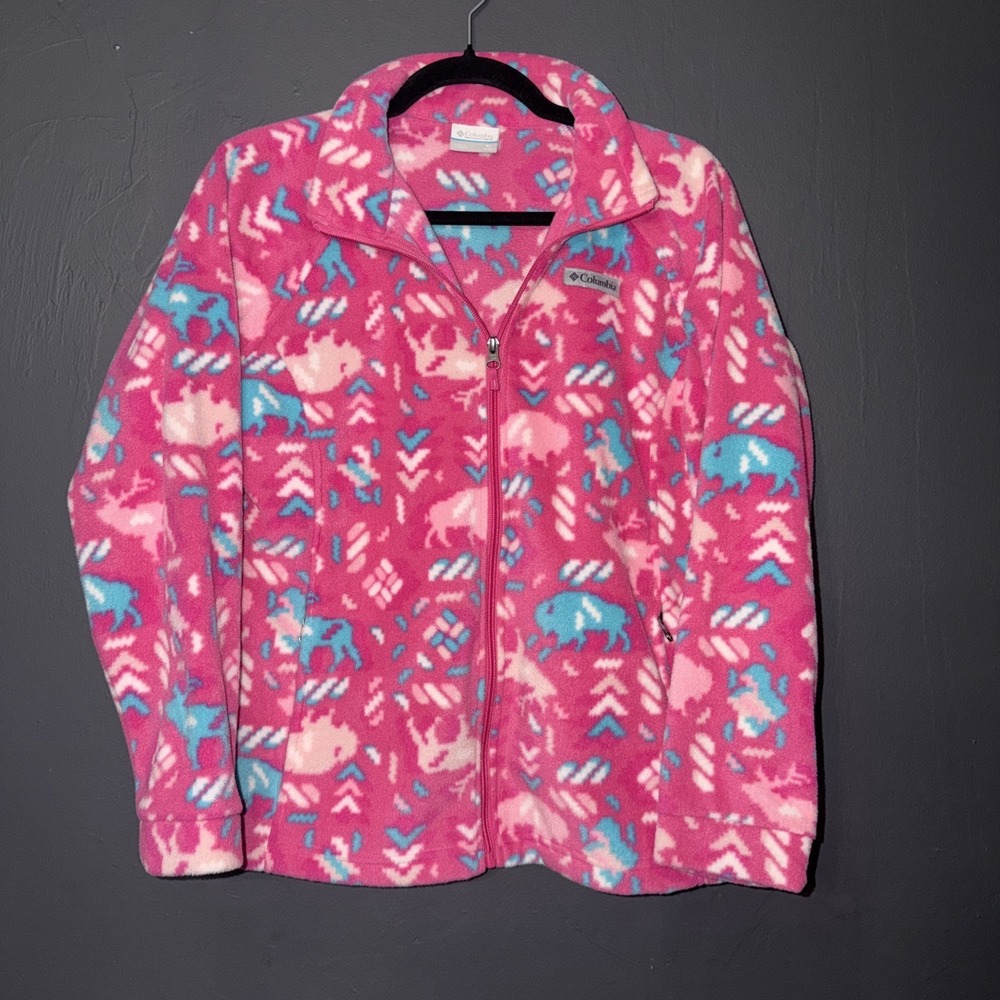 Columbia Fleece Jacket Buffalo Print XL Pink Girls Winter Warm Full Zip WG6778